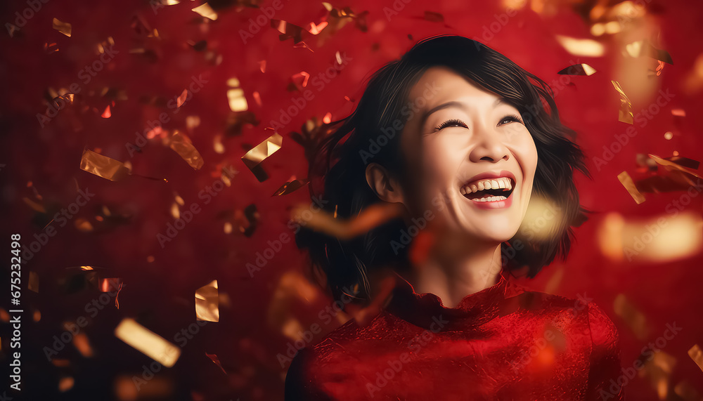 Chinese woman laughing in the background with glitter, New Year's concept