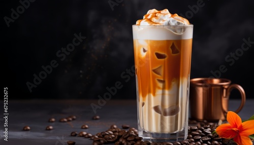 Indulgent winter delight captivating iced chai latte with aromatic spices and velvety milk foam