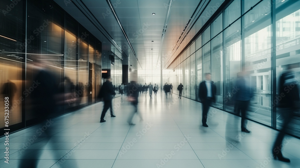 Long exposure shot of a crowd of business people walking in bright office lobby fast moving with blurry. Long exposure shot of a crowd of business people walking in bright office lobby fast moving with blurry.
