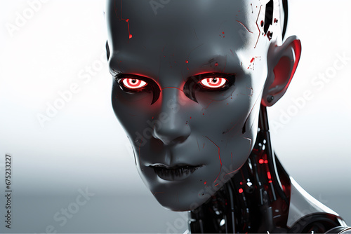 Portrait of artificial intelligence robot with red eyes. Threatening expression droid.