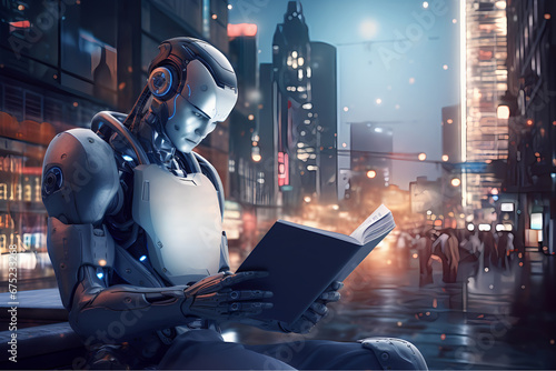 An android ai robot reading a book and studying in a futuristic city. Self taught machine 