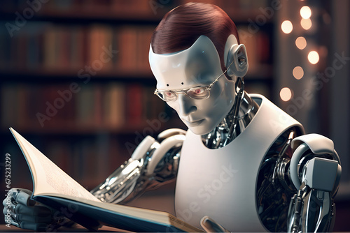 Smart robot droid with glasses studying at the library. Super artificial intelligence concept.
