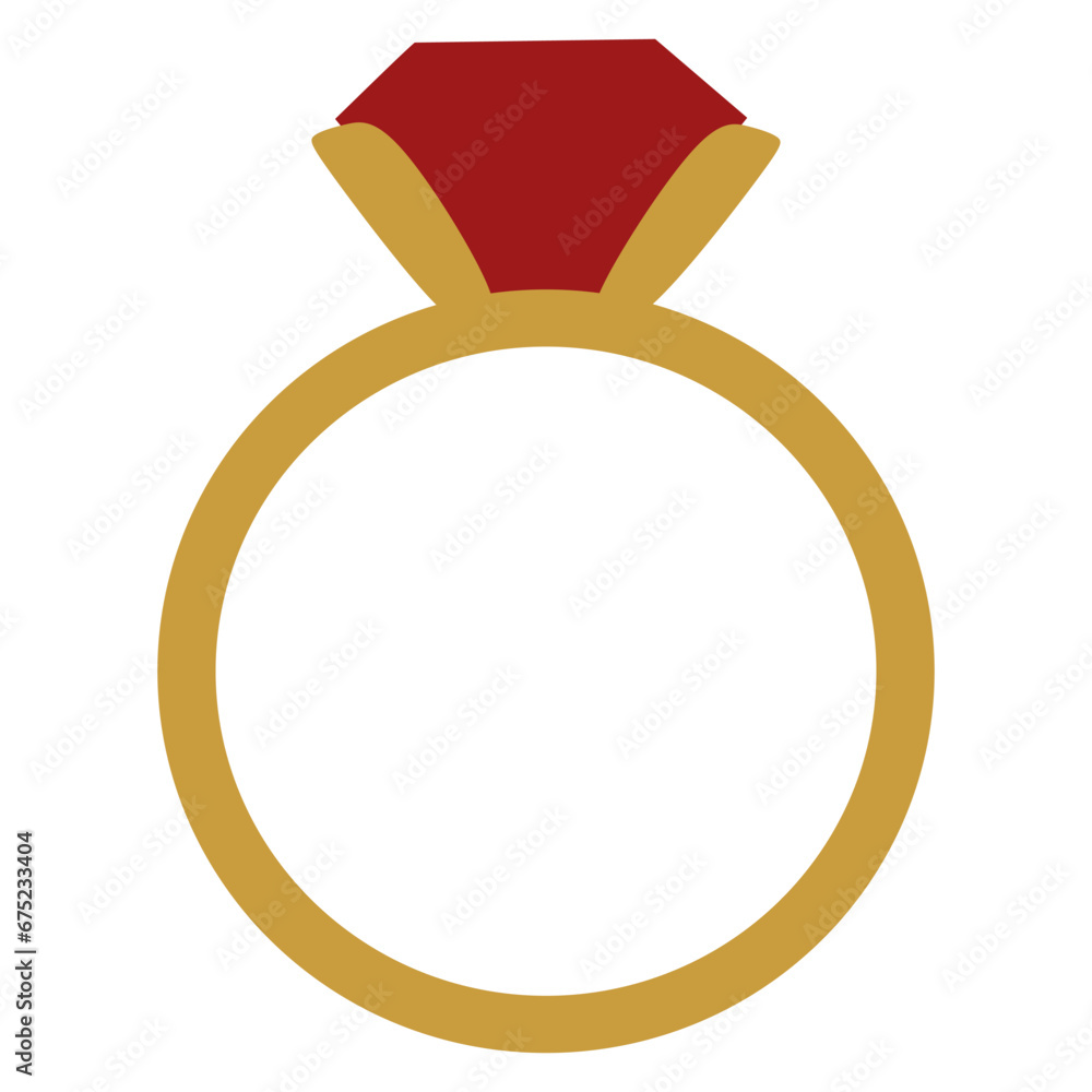 Gold ring with red gemstone. Engagement, marriage proposal, wedding, Valentines Day symbol, romantic love attribute. Vector Flat style illustration on white background for Jeweler Day Card, Poster Gold ring with red gemstone. Engagement, marriage proposal, wedding, Valentines Day symbol, romantic love attribute. Vector Flat style illustration on white background for Jeweler Day Card, Poster