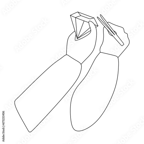 Jewelers hand with tweezers and gemstone. Linear illustration line art Graphic isolated on White. Silhouette and outline Logo. Template for Jeweler day Postcard, Banner, Card, Flyer.