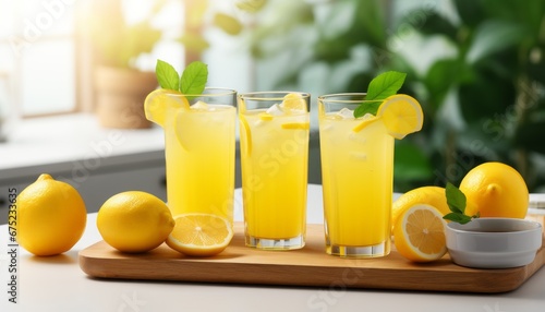 Delicious and refreshing homemade lemonade in traditional glasses on the white kitchen counter