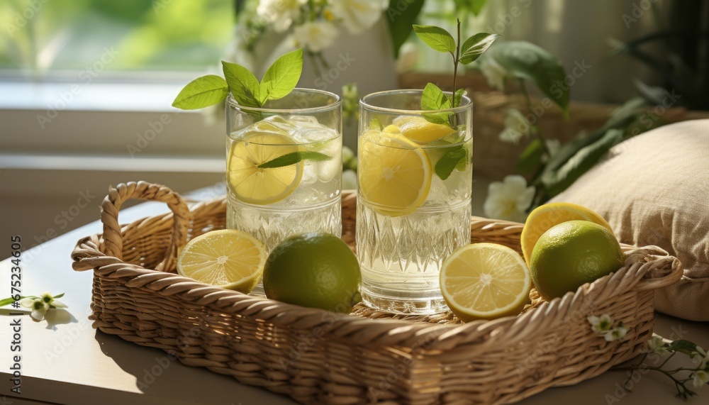 Invigorating lemon and lime infused water in classic glasses on pristine white kitchen counter Invigorating lemon and lime infused water in classic glasses on pristine white kitchen counter