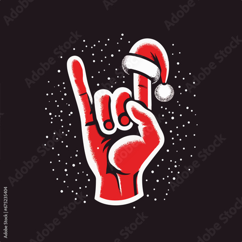 Vintage Christmas Rock n roll greeting hand sign vector in vintage retro style, festive rock 'n roll.