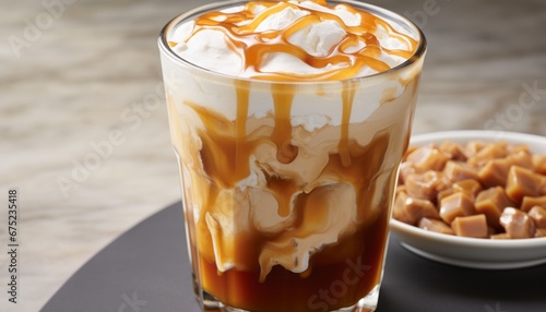 Iced caramel latte with whipped cream and caramel sauce on stone table in modern kitchen