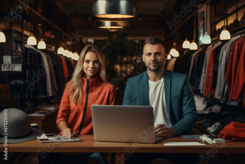 Successful business couple. Owners of a clothing store with the computer to analyze the sales, new orders to be sent and check the stocks