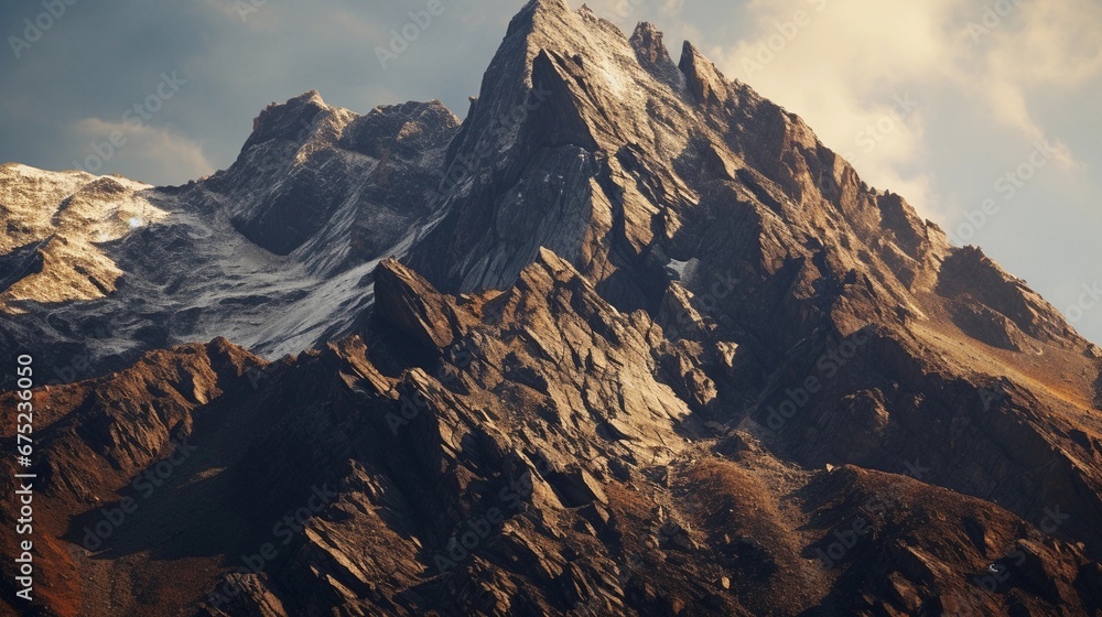 A close-up shot of a single, rugged mountain peak, highlighting the intricate details of the rock formations and the contrast between light and shadow, AI generated, Background image