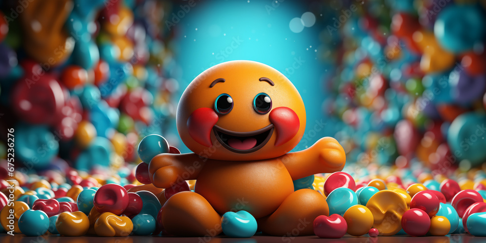Süßes Cartoon Männchen als Lebkuchen Figur mit vielen bunten Schoko Kugeln im Querformat für Banner, ai generativ Süßes Cartoon Männchen als Lebkuchen Figur mit vielen bunten Schoko Kugeln im Querformat für Banner, ai generativ