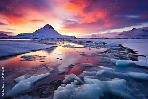 Stunning chilly landscape with beautiful sunset colors over snowy mountains in Iceland. Generative AI
