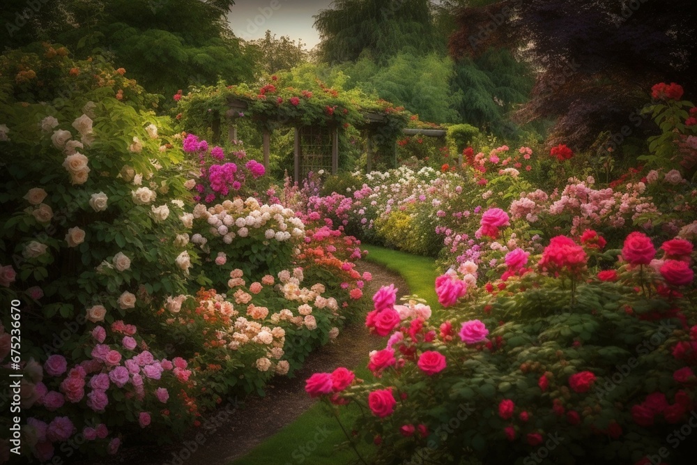 A stunning rose garden in full bloom. Generative AI