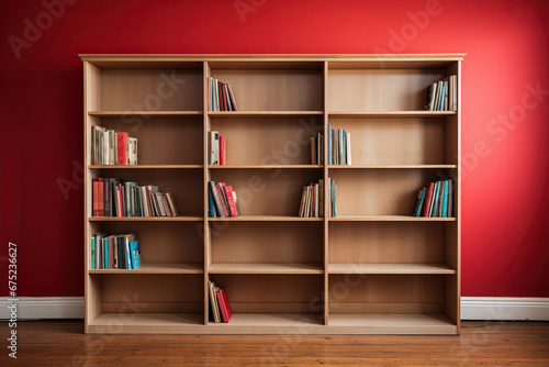 Wooden bookcase with books on shelves near a red wall on a wooden floor. Generated by artificial intelligence