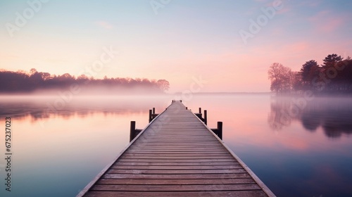 A peaceful dock extending into the calm lake at sunrise  with soft pastel colors illuminating the sky and a hint of morning mist in the air  AI generated  Background image