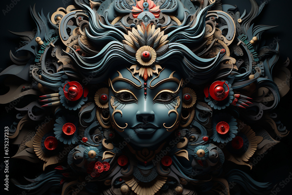 Generative ai collage image of hindu goddess face on wall in culture religion temple Generative ai collage image of hindu goddess face on wall in culture religion temple
