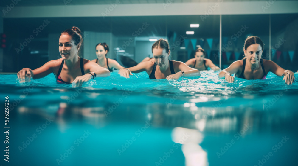 group athletic women doing aquaaerobic training in the pool