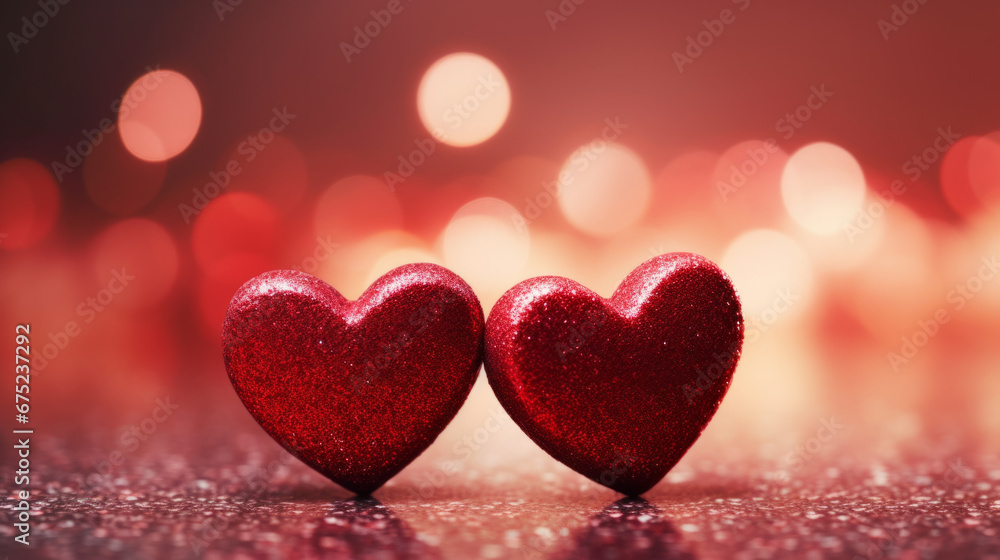 Two Red Heart shapes on abstract light glitter background