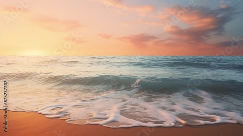 A serene beach scene at sunset, with gentle waves washing ashore, the sky painted in warm pastel hues, and the sun setting on the horizon, AI generated, Background image