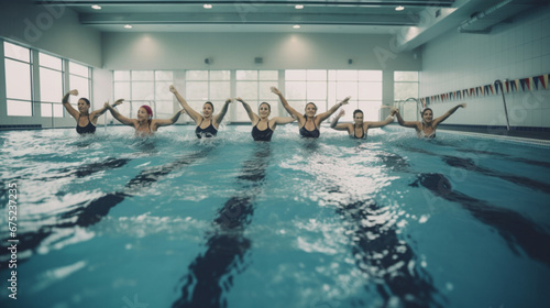 group athletic women doing aquaaerobic training in the pool