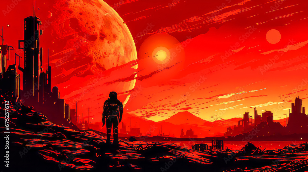 Fototapeta premium Science Fiction Duotone Scene. Generated Image. A digital illustration of a science fiction scene with a duotone coloring of red and gold.