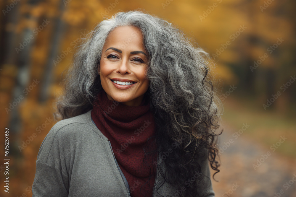 Generative AI technology picture of gorgeous grey haired woman walking autumn park Generative AI technology picture of gorgeous grey haired woman walking autumn park