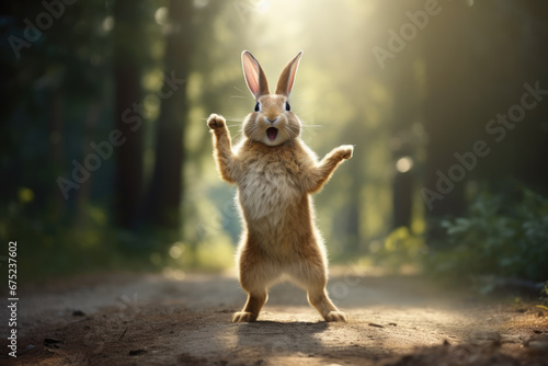 Fotografia The funny rabbit is standing on its hind legs