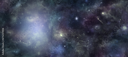 Dark Deep Space with plasma mist website banner background - Wide panel of outer space with stars, planets and a light mist area of plasma ideal for cosmic, astrology, astronomy, horoscope theme 