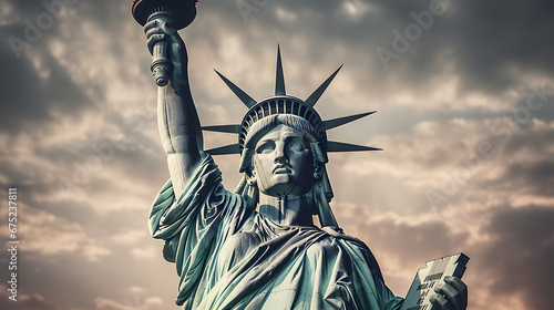 Statue of Liberty in USA at the time of Sunrise and Sunset - Generated by AI #675237811