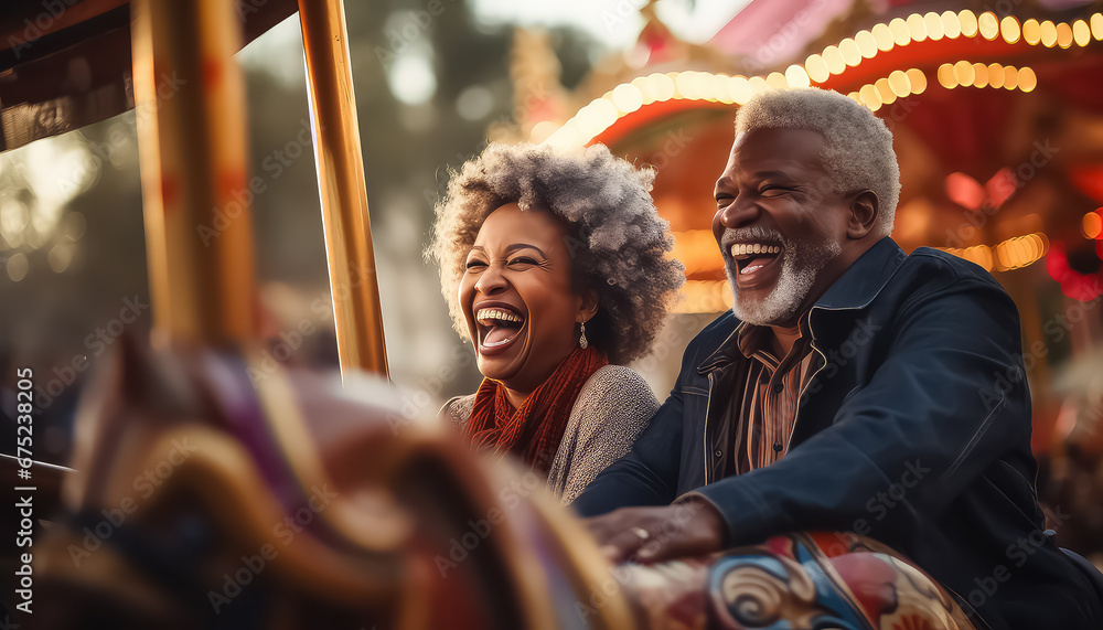 Old couple of elderly people on a merry-go-round, concept carnival