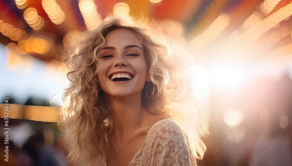 Portrait of happy woman in amusement park, concept carnival Portrait of happy woman in amusement park, concept carnival