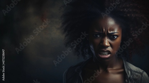 Portrait of a black female with angry expression against textured background with space for text, AI generated, Background image photo