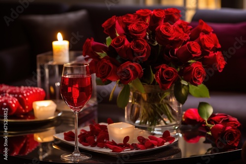 Romantic table setting with red roses, candles and glasses of wine.valentine concept © Rudsaphon