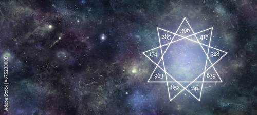 Solfeggio nine pointed star message banner - deep space night sky background with a 9 point star containing the nine solfeggio frequencies and copy space for messages on left side
 photo