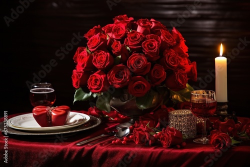 Romantic table setting with red roses, candles and glasses of wine.valentine concept