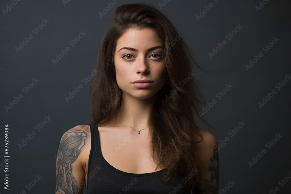 Generative ai photo of lovely girl with beatiful tattoo on her body isolated on dark background Generative ai photo of lovely girl with beatiful tattoo on her body isolated on dark background