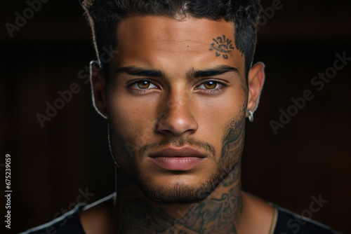 Confident man with muscular body tattooed on black background ai gnerated image photo