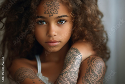 AI generated photography of cute child girl with tattoo on her body and hands