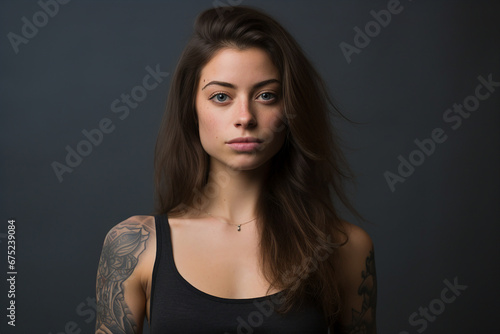 Generative ai photo of lovely girl with beatiful tattoo on her body isolated on dark background