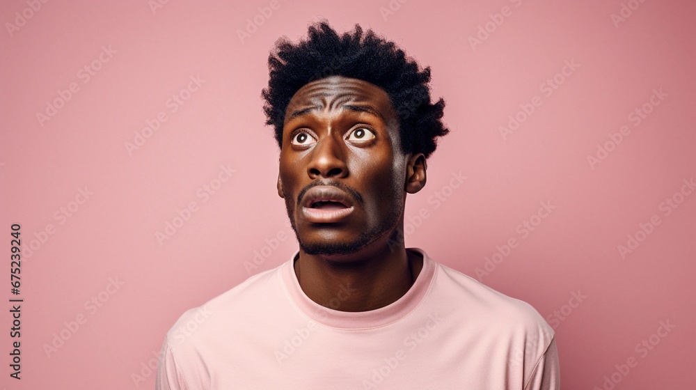 Portrait of a black male with fear expression against pastel background with space for text, AI generated, Background image Portrait of a black male with fear expression against pastel background with space for text, AI generated, Background image