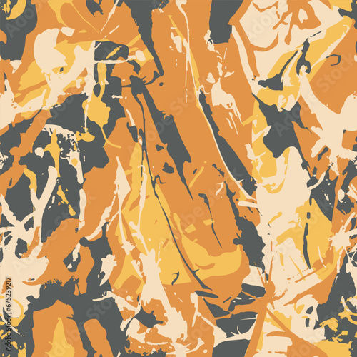 Red orange and yellow colors camouflage with dry brush strokes  seamless hand drawn blots grunge pattern. Scribble military camo texture  fashionable urban fabric. Vector illustration