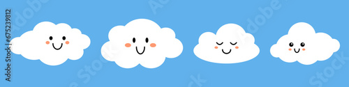 Vector set of white smiling clouds with faces on blue background. Cute funny baby cloud collection in flat design. Childish elements. photo