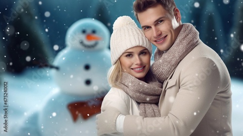 Portrait of a happy white couple posing with snowman on winter ambience background with space for text, AI generated, Background image