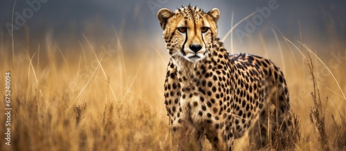 In the heart of Africa s Masai Mara amidst the vast Savannah landscape a graceful cheetah stalks through the rain embodying the true spirit of nature s feline predator Captured through the l photo