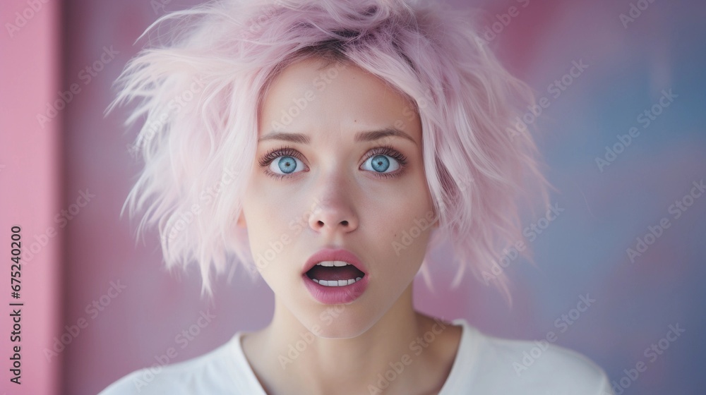 Portrait of a white female with fear expression against pastel background with space for text, AI generated, Background image Portrait of a white female with fear expression against pastel background with space for text, AI generated, Background image