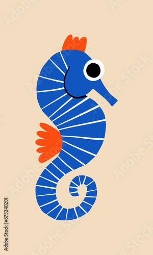 Cute flat hand drawn seahorse mascot. Funny underwater or aquarium cartoon quirky sea horse character. Tropical reef graphic clipart.