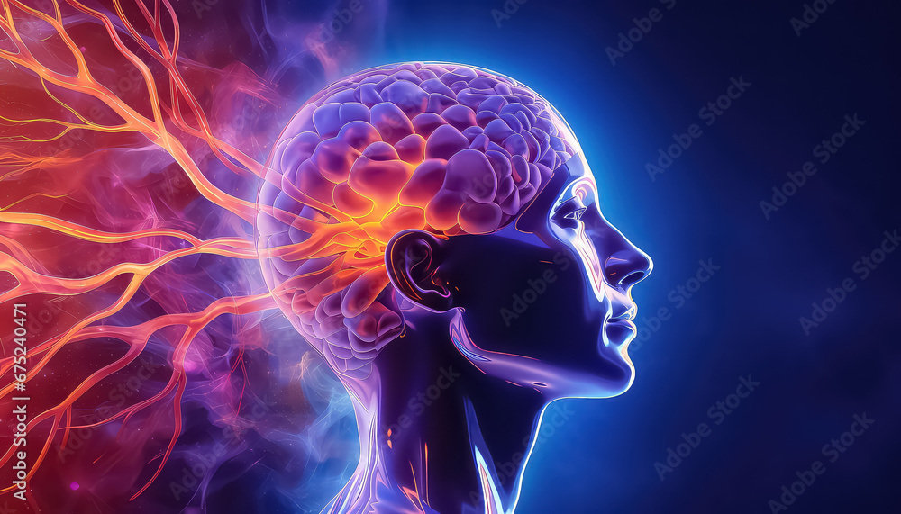 Human Head with Neural Impulses and Brain, world cancer day concept Human Head with Neural Impulses and Brain, world cancer day concept