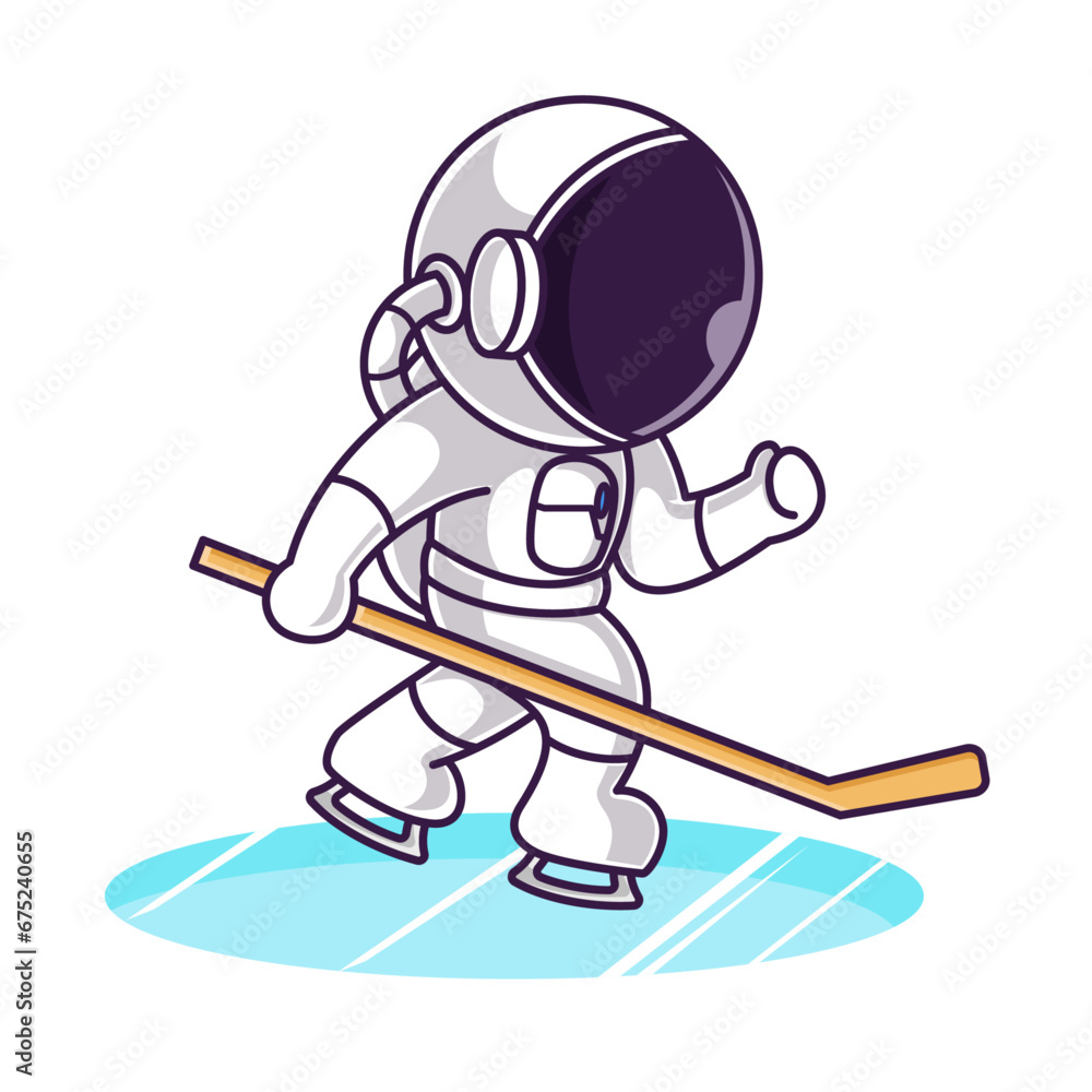 Fototapeta premium Little Cute Astronaut Kids Playing Ice Hockey. Cartoon Logo Illustration Design. Isolated Premium Vector File, background is easy to edit. Can use for Icon, Logo, banner, flyer or any design project