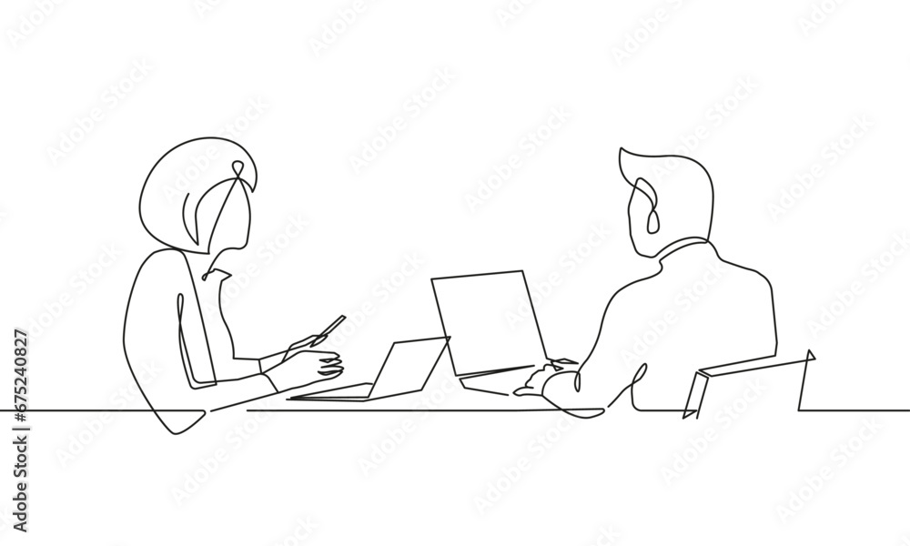 Continuous One Line Drawing of Businessmen with Laptop in Office. Woman ...