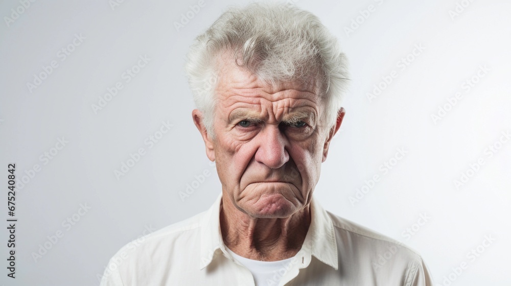 Portrait of a white old male with angry expression against white background with space for text, AI generated, Background image Portrait of a white old male with angry expression against white background with space for text, AI generated, Background image